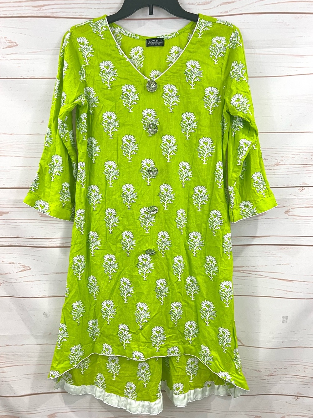 Handmade Lime Green Floral Rhinestone Kurta Kurti Salwar Kameez Tunic Dress